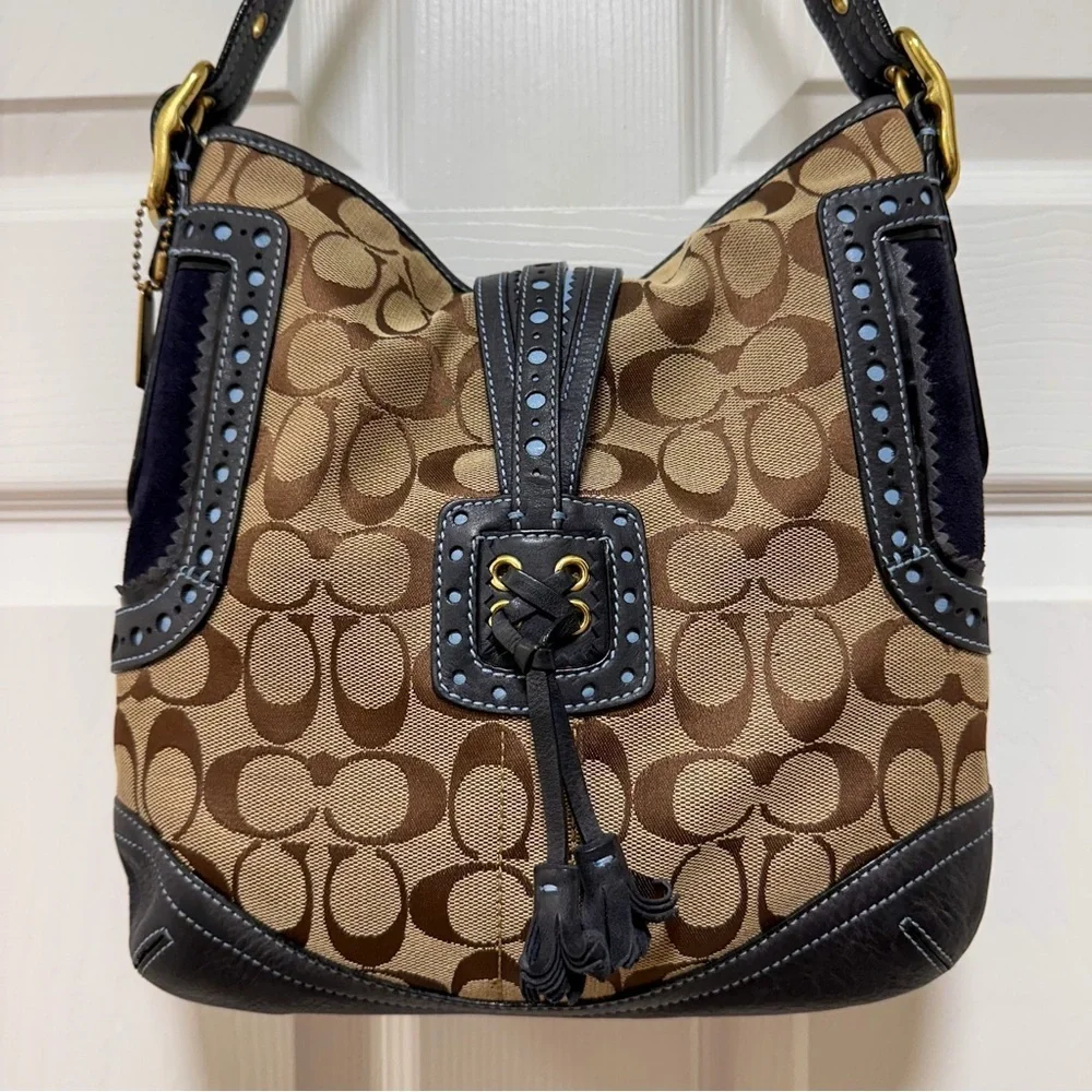 Coach Legacy Hobo Bag Signature Jacquard Perforated Navy Leather